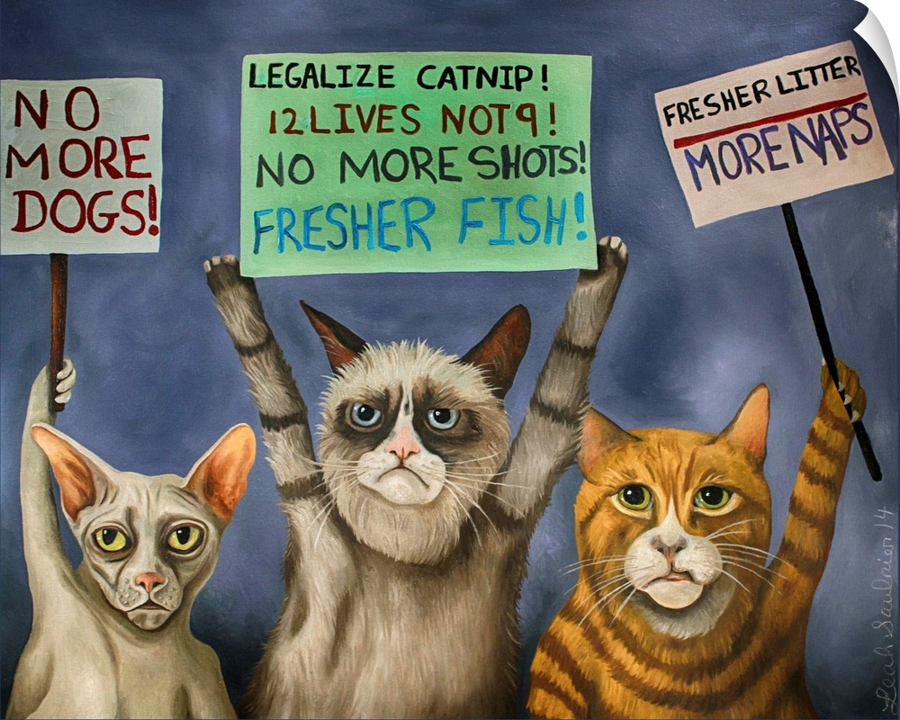 Surrealist painting of a group of cats protesting.
