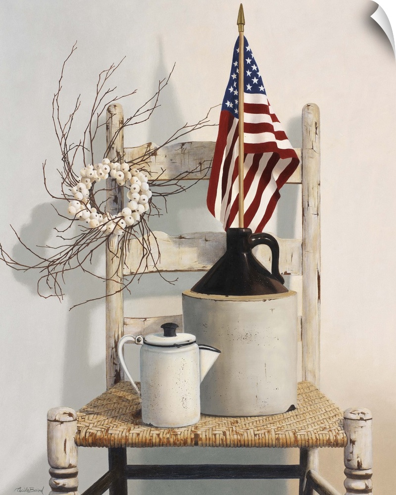 Contemporary still-life painting of rustic objects sitting on a rustic chair.