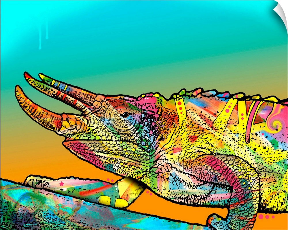 Colorful illustration of a chameleon walking up a branch on a blue and orange background.