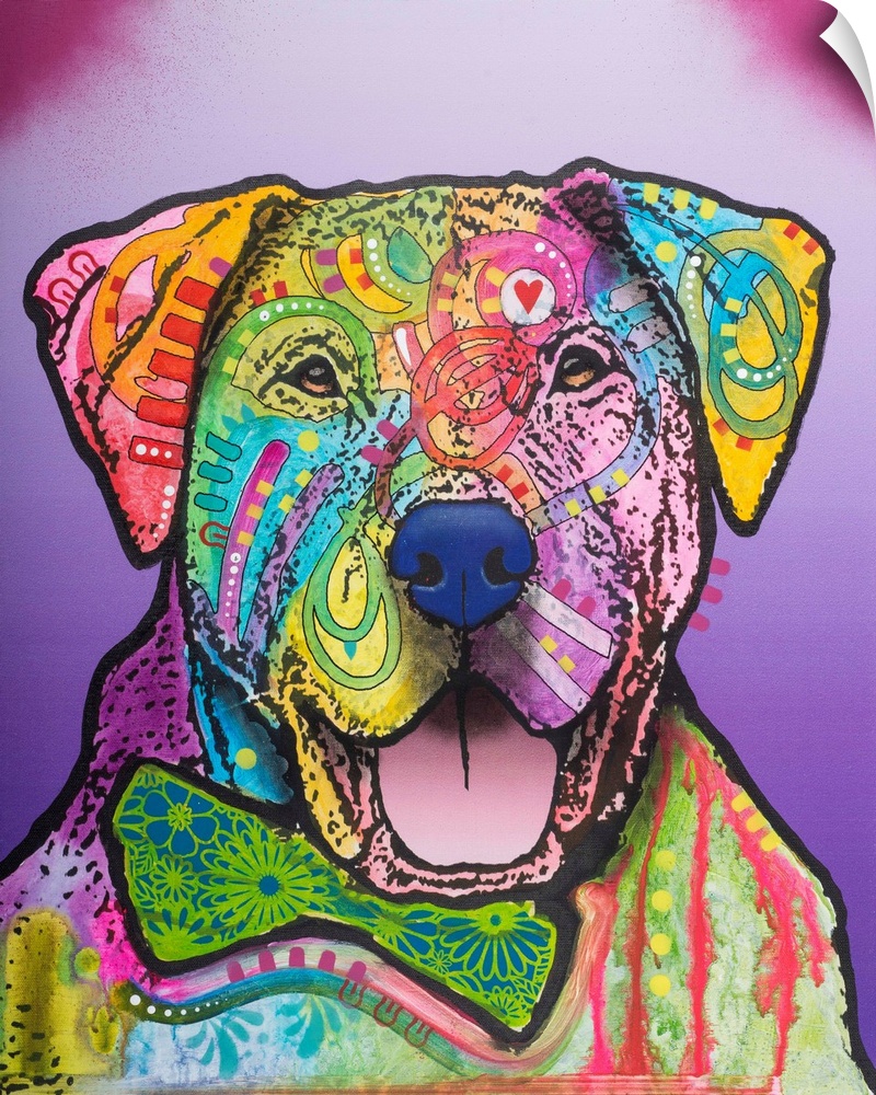 Pop art style painting of a labrador wearing a floral bow tie and covered in colorful abstract designs on a purple gradien...