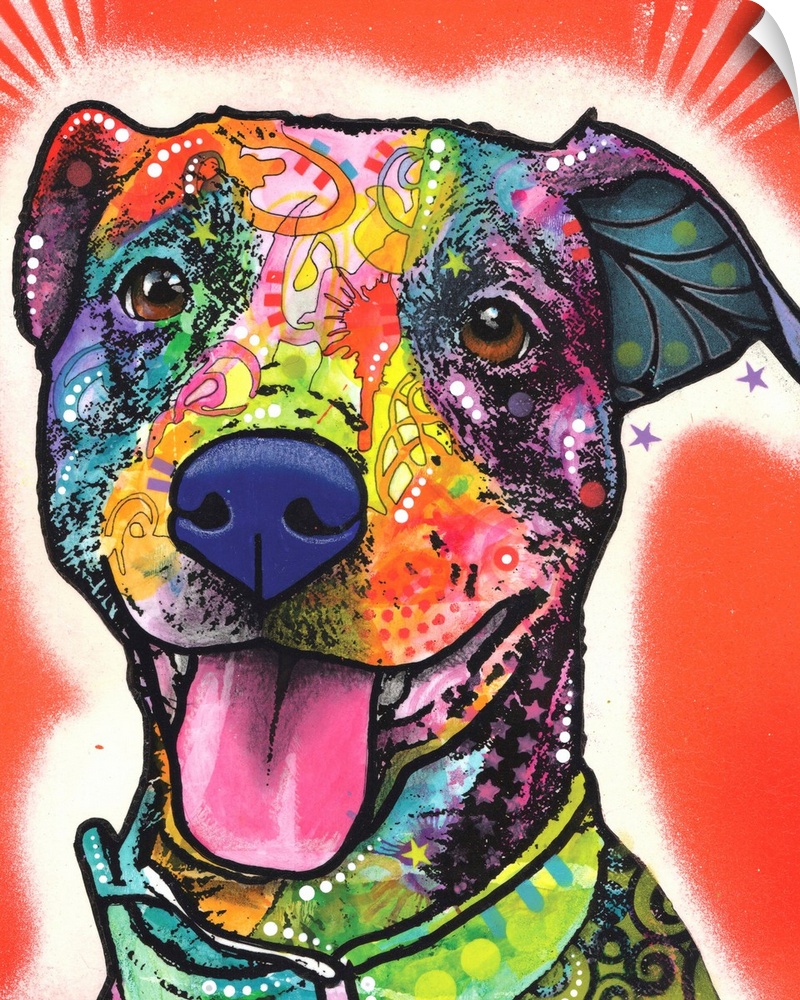Colorful painting of a happy dog on a red and white spray painted background.