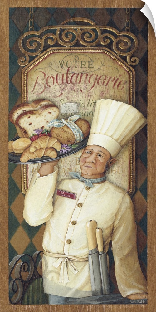 Baker with tray of bread and croissants