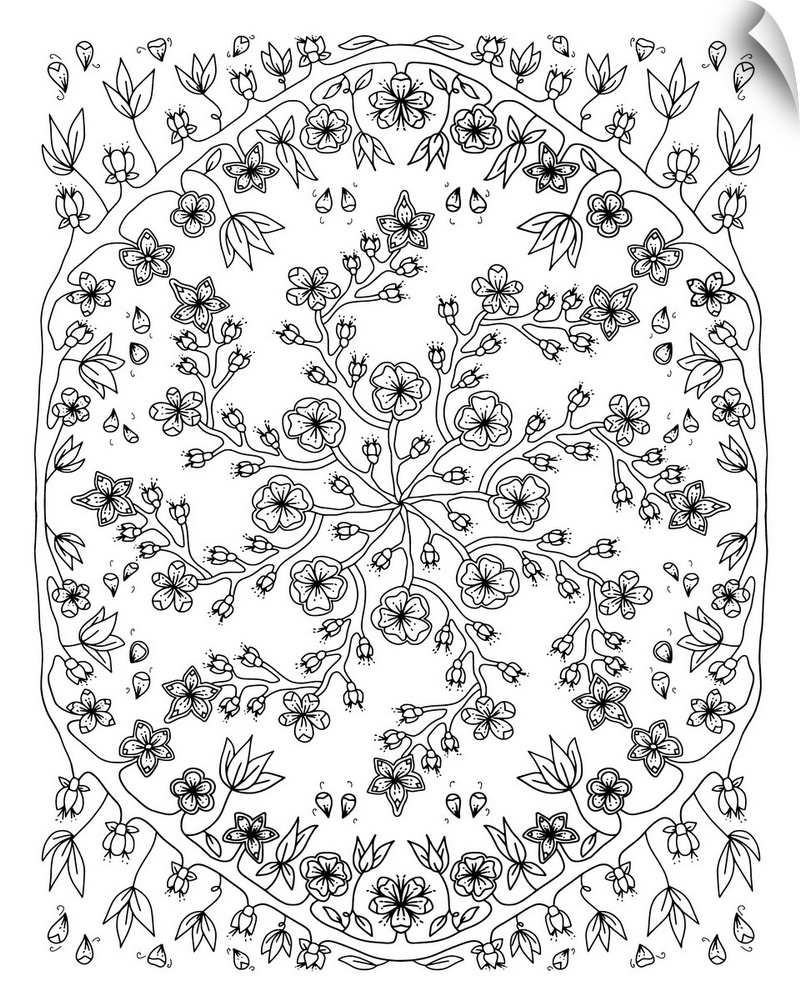 Line art of cherry blossoms arranged in a circular pattern.