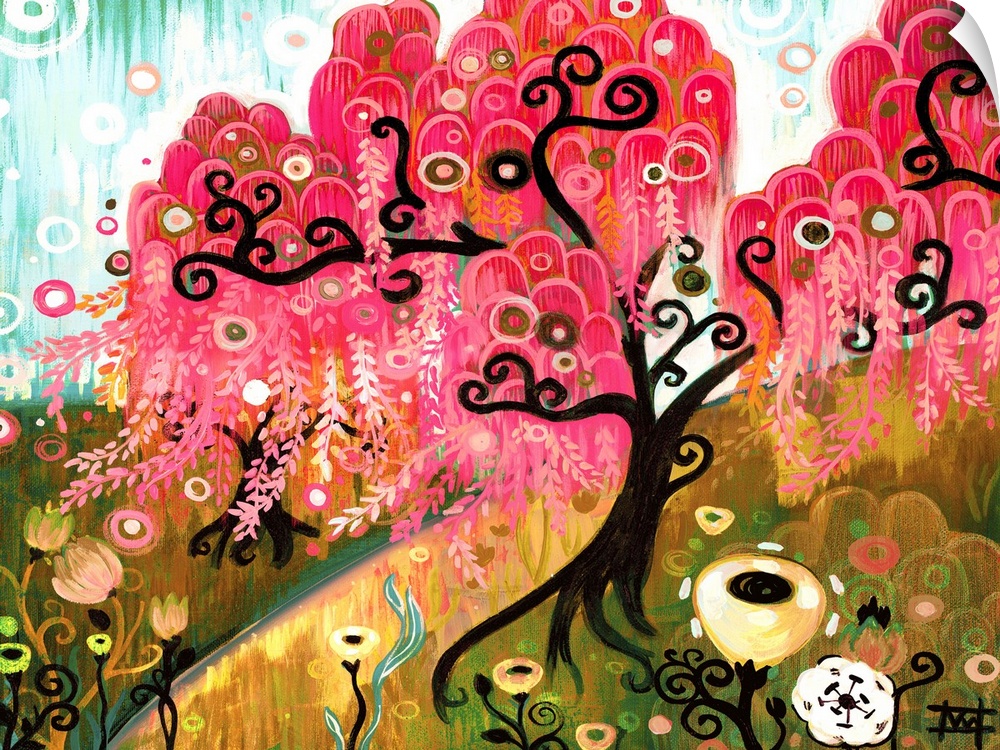 Contemporary painting of a willow tree with long flowing pink branches.