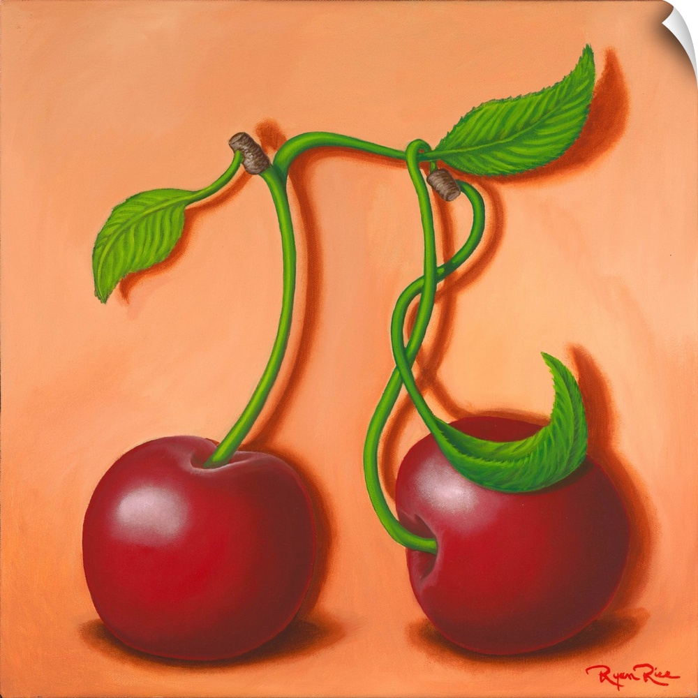 Humorous square painting of two cherries with their stems attached creating the pi symbol (cherry pi - cherry pie)