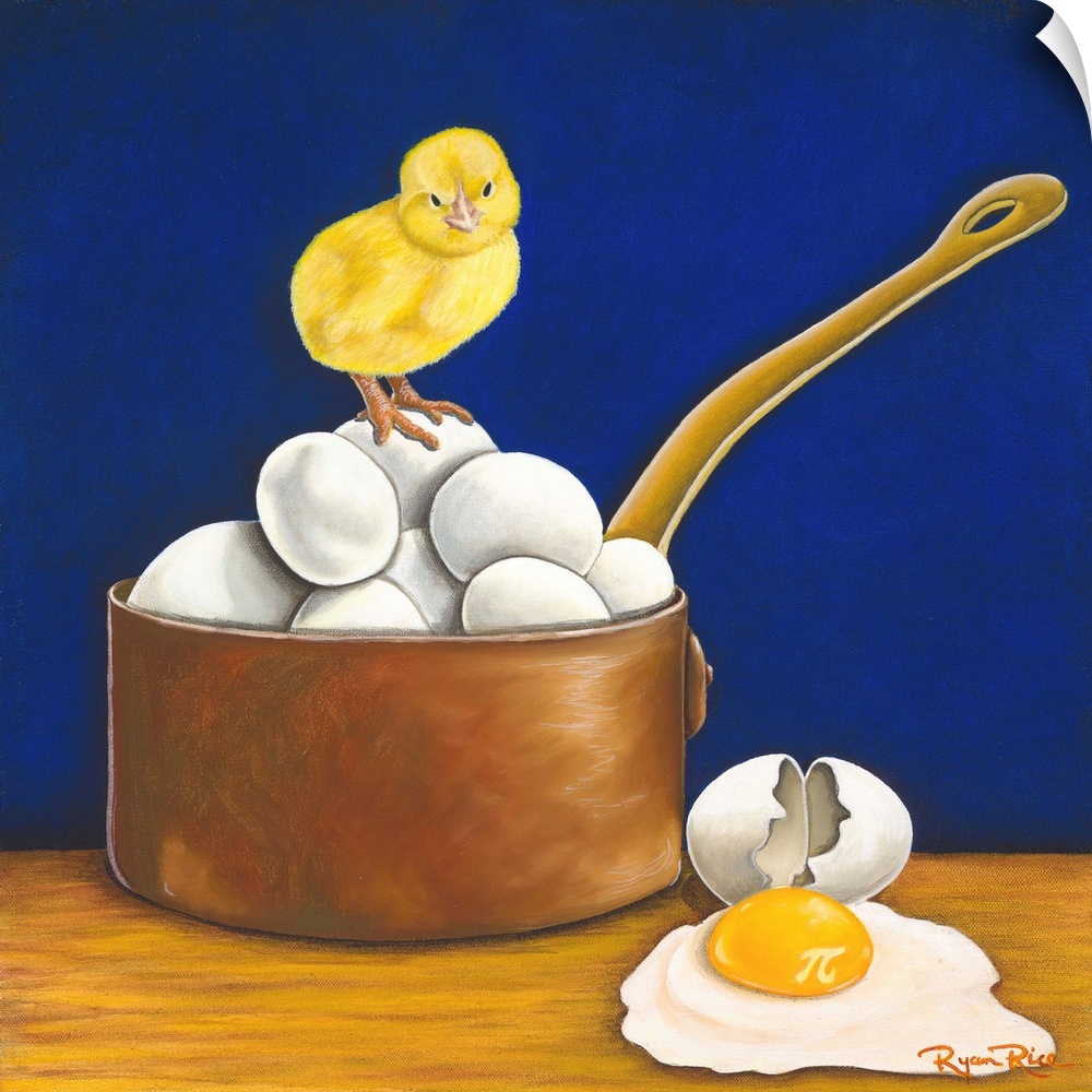 Square pun painting of a chick standing on eggs in a pot with a cracked egg on the able that has the pi symbol in it (chic...