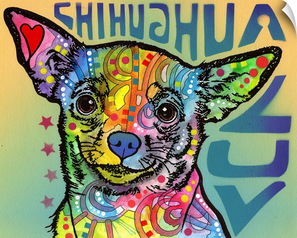 "Chihuahua Luv" written around a colorful painting of a Chihuahua with abstract markings.