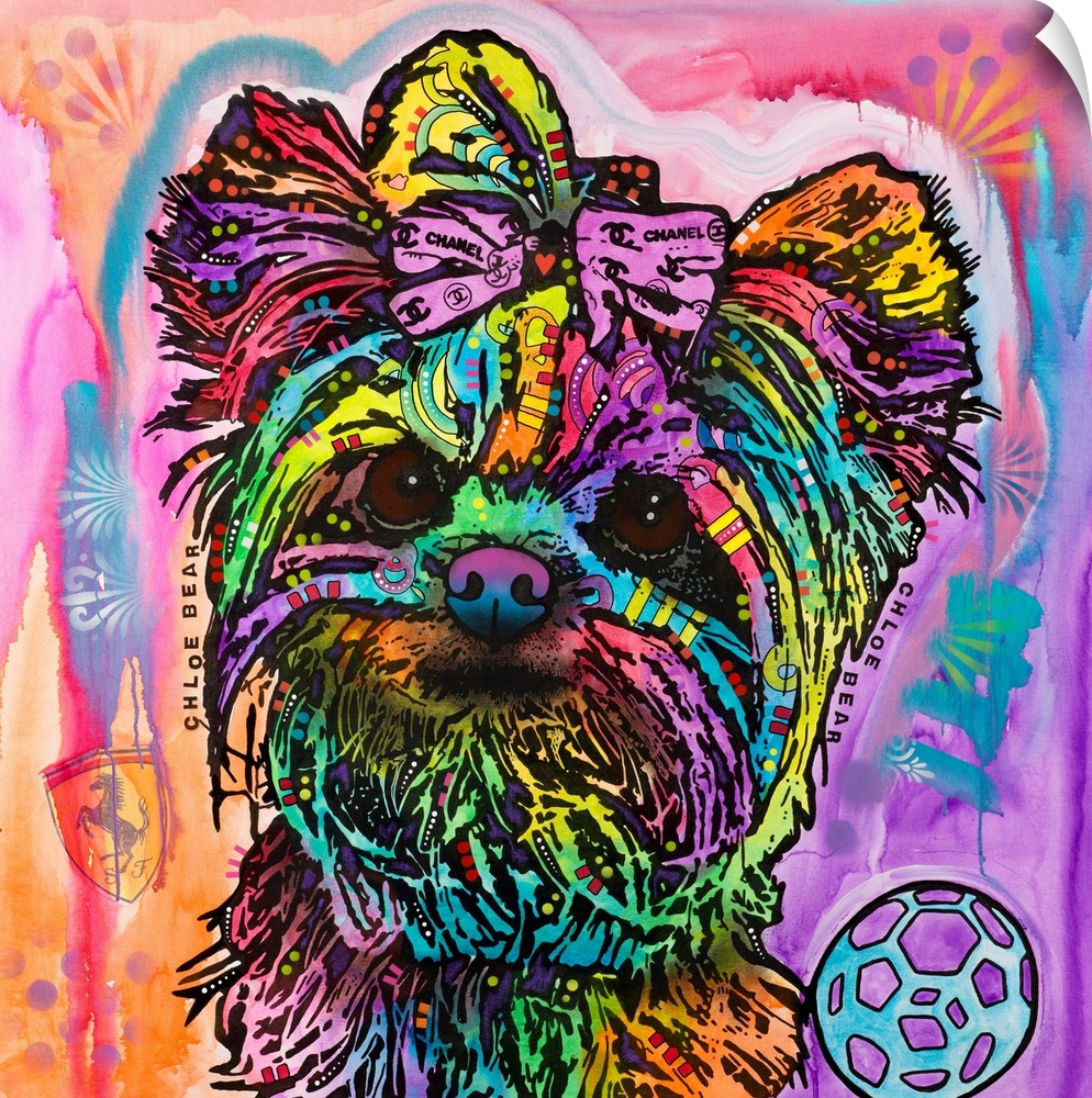 Colorful painting of a Silky Terrier puppy wearing a Chanel bow on a vibrant background.