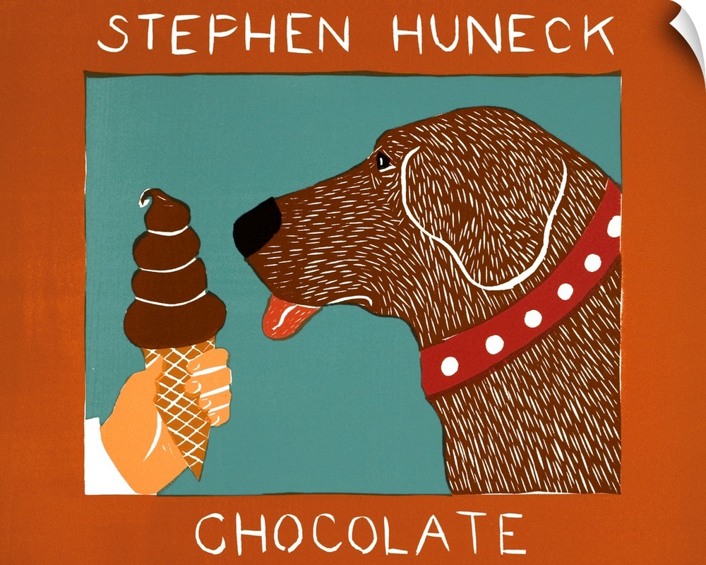 Illustration of a chocolate lab about to lick a chocolate ice cream cone with the word "Chocolate" written at the bottom a...