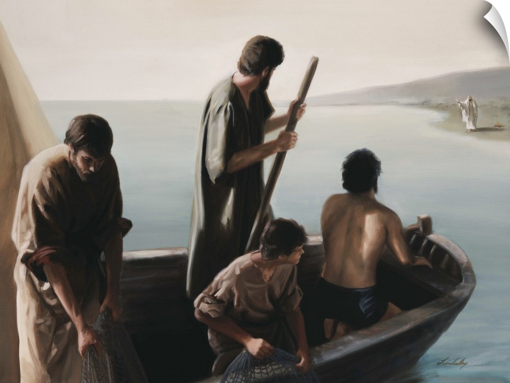 Jesus waving from the beach to men in a boat