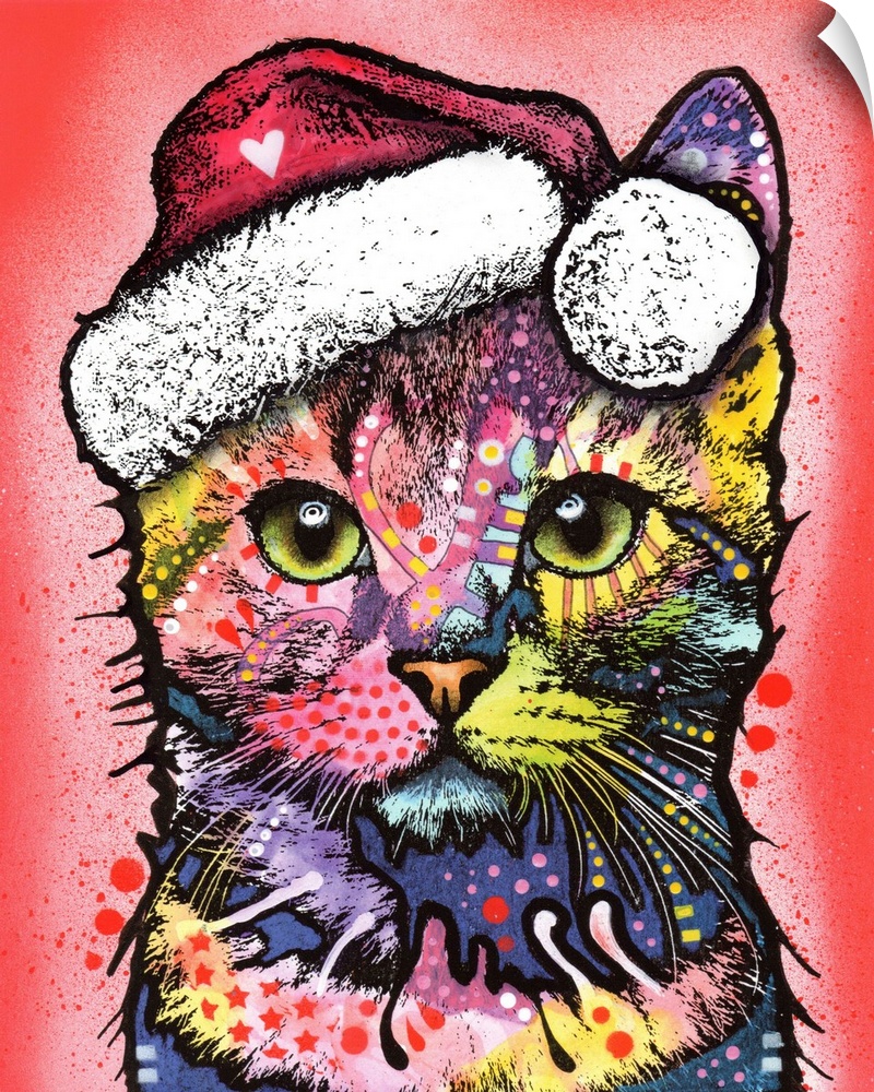 Cute painting of a colorful kitten wearing Santa's hat on a red spray painted background.