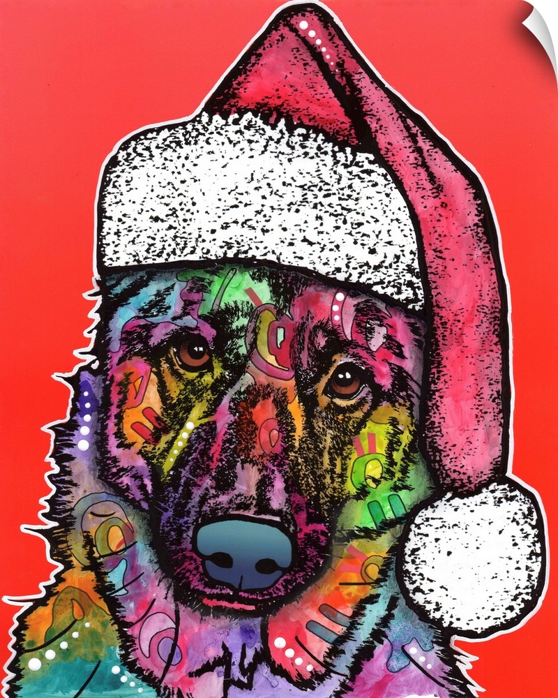 Cute painting of a big dog wearing a Santa hat on a red background,