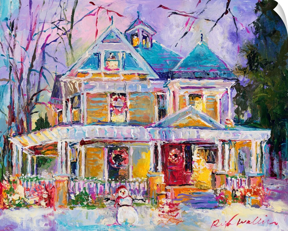 Colorful abstract painting of a snow covered house decorated for Christmas with a snowman in the front yard.