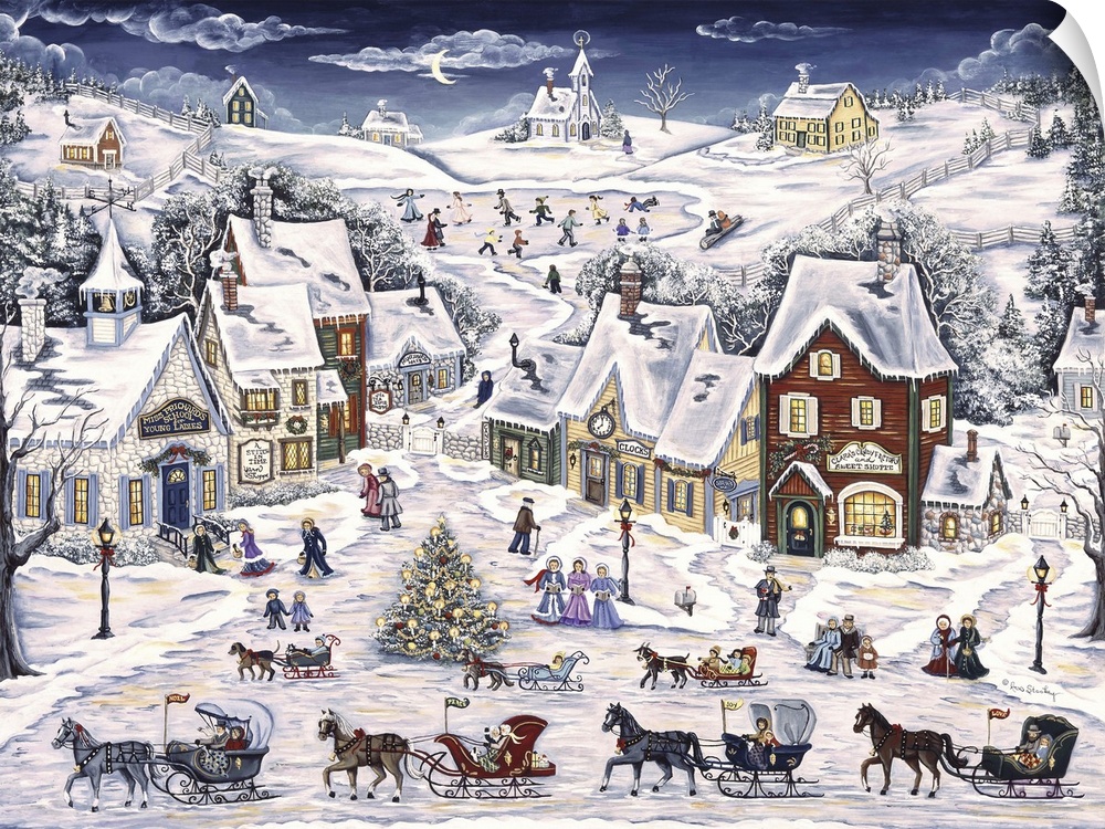 Winter christmas village scene, horses with sleigh carriages, christmas trees, carolers, houses etc.
