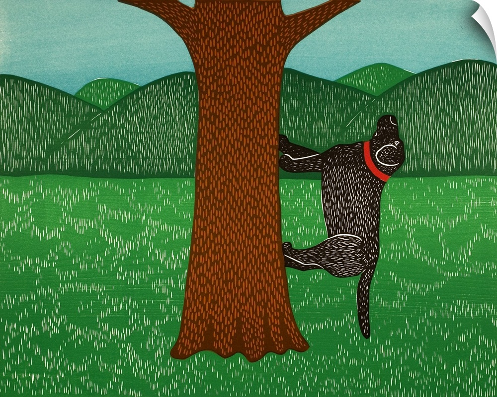 Illustration of a black lab climbing up a tree (most likely chasing a squirrel or bird).