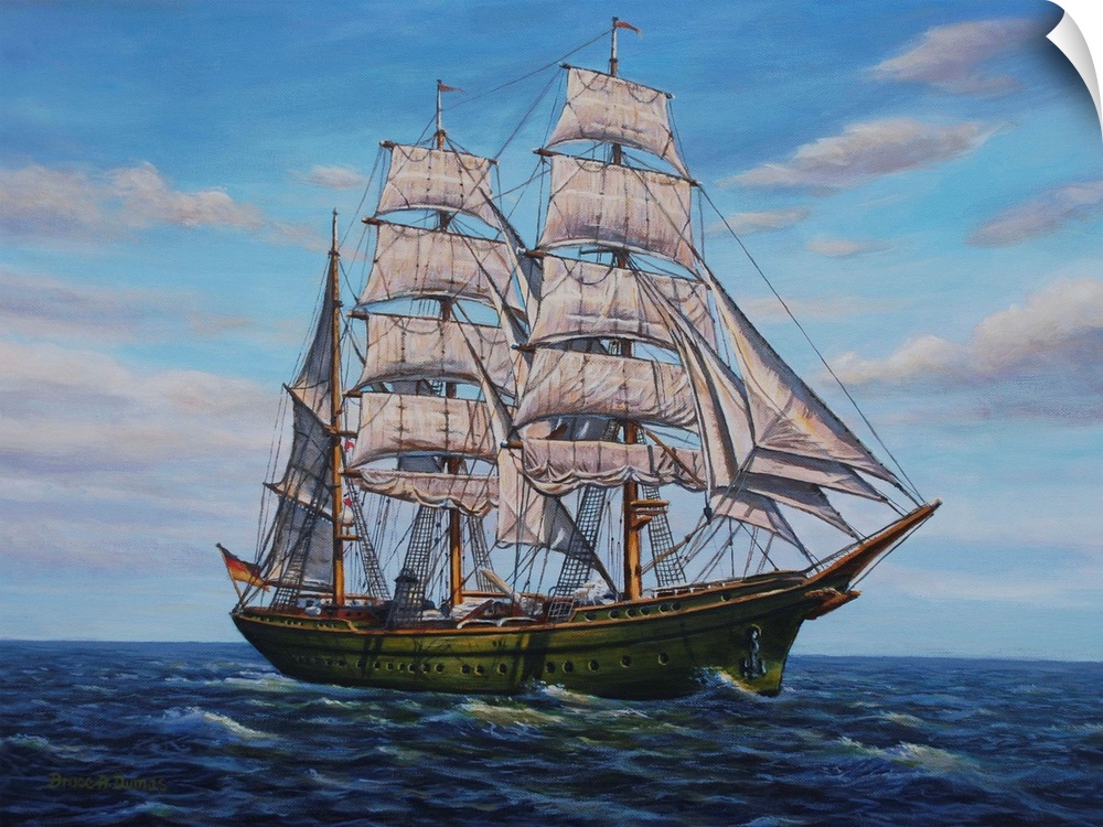 Contemporary artwork of a large ship with several sails on the ocean.