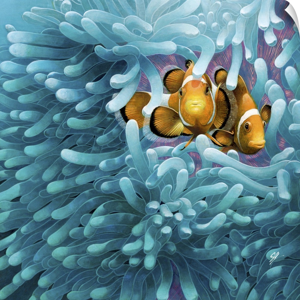 Contemporary colorful artwork of a tropical fish swimming around a sea anemone.