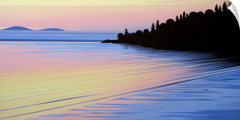 Contemporary painting a sunset illuminated coast with silhouetted trees.