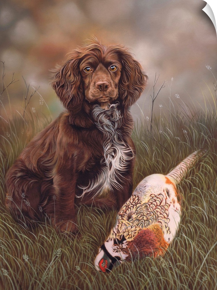 Contemporary painting of a cocker spaniel and a pheasant.
