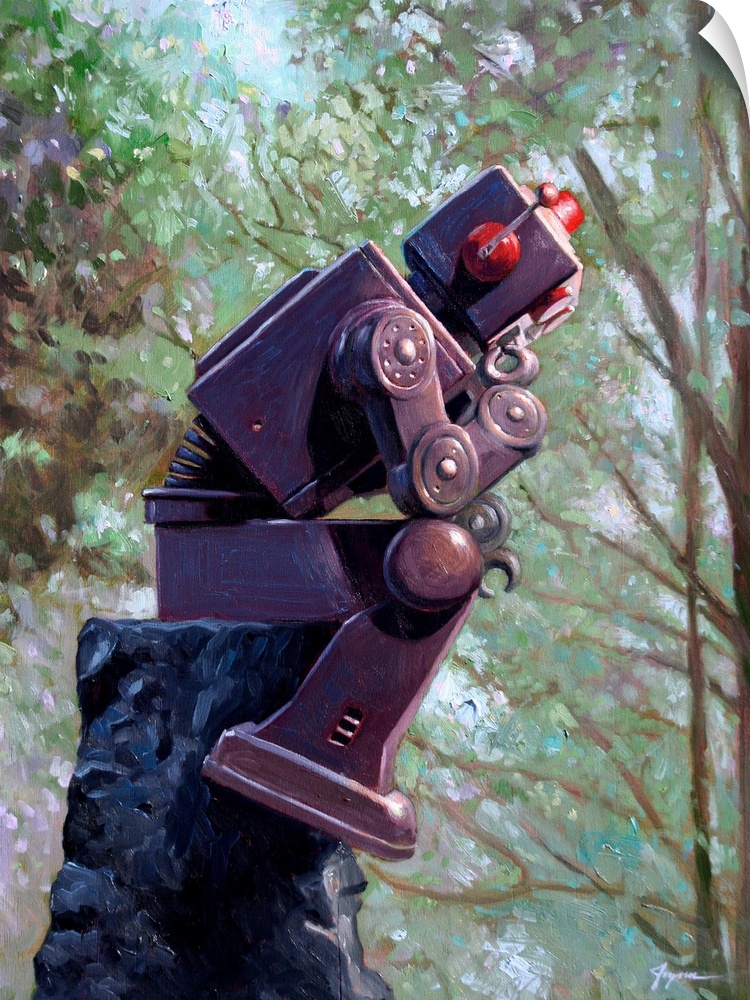 A contemporary painting of a dark gray retro toy robot sitting on a rock pedestal in the iconic thinking positioning.