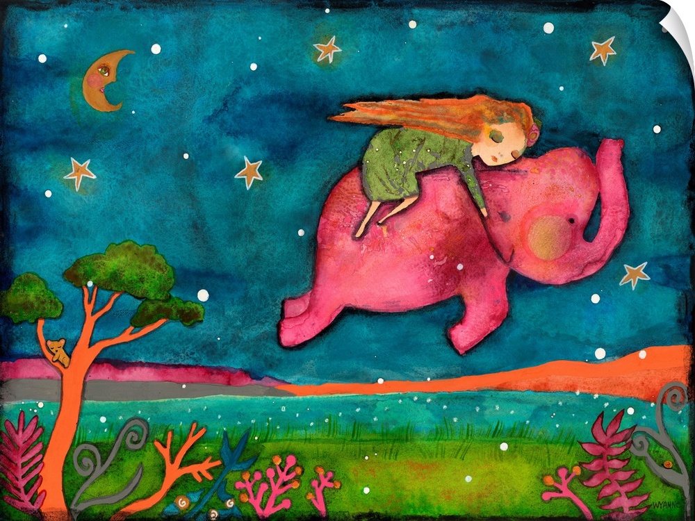 A girl on a pink elephant flying through the night sky.