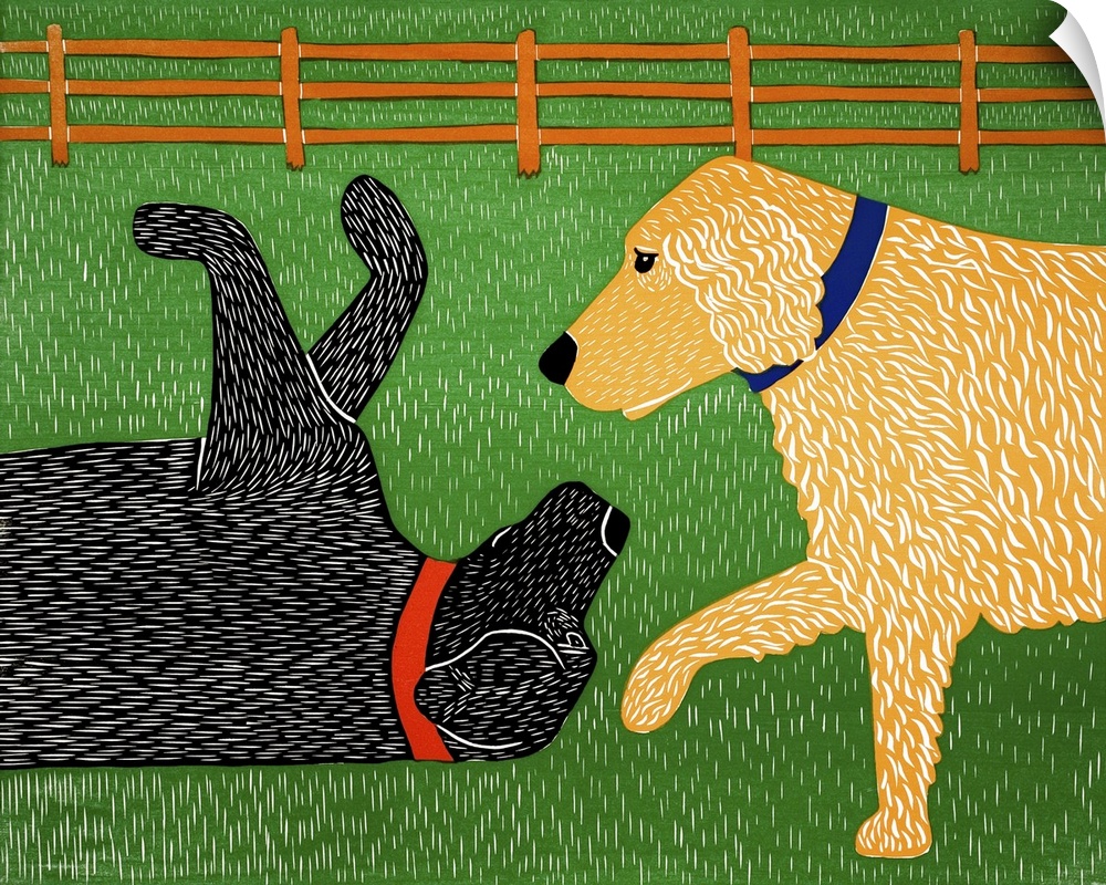 Illustration of a golden retriever and a black lab playing outside.