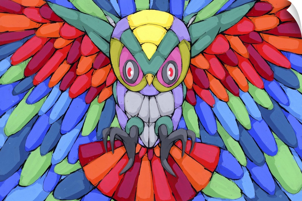 Pop art painting of an owl with talons and wings outstretched.