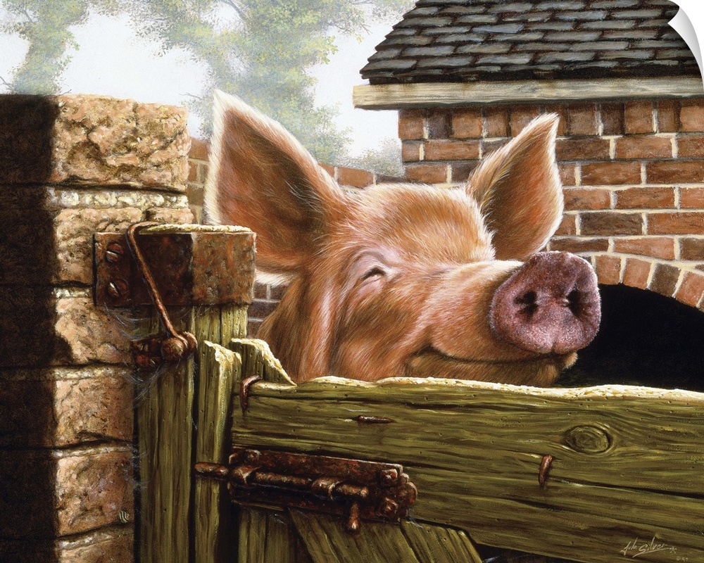 Contemporary painting of a pig with a large snout and ears looking over the gate to a fence.
