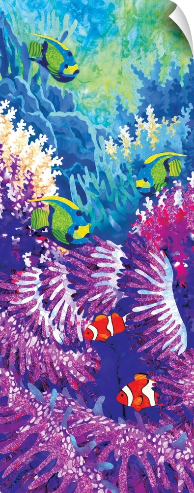 Contemporary colorful painting of a tropical fish swimming around a coral reef.