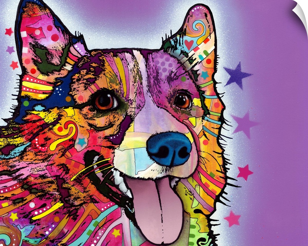 Large, horizontal canvas art of a corgi dog made up of colorful graffiti and various shapes on a bright background.