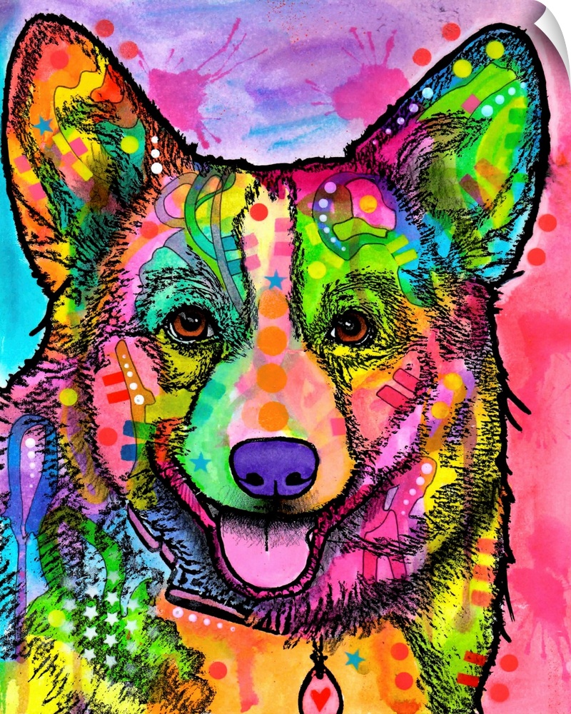 Painting of a Corgi in bright vibrant colors with designs all over.