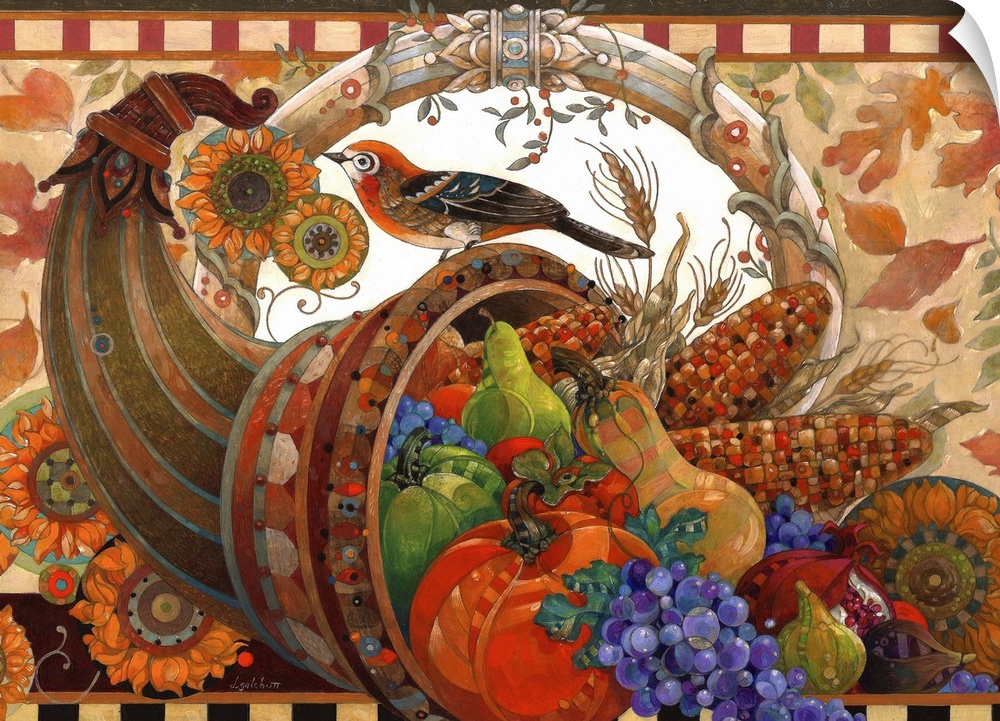 Contemporary artwork of a cornucopia filled with harvest fruits and vegetables.