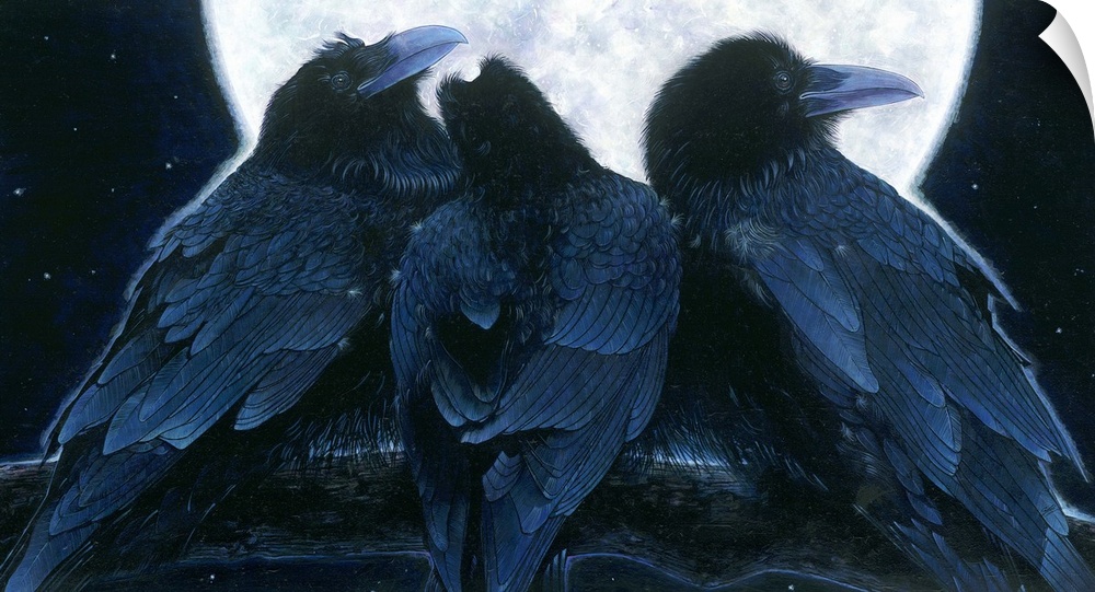 Contemporary painting of a trio of crows with a backdrop of a full moon.