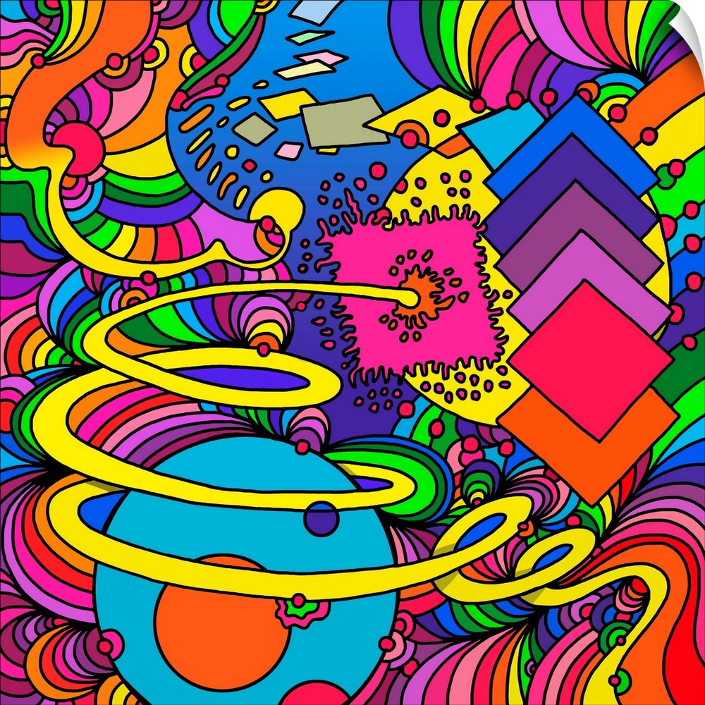 Contemporary artwork of a collection of colorful shapes and images.