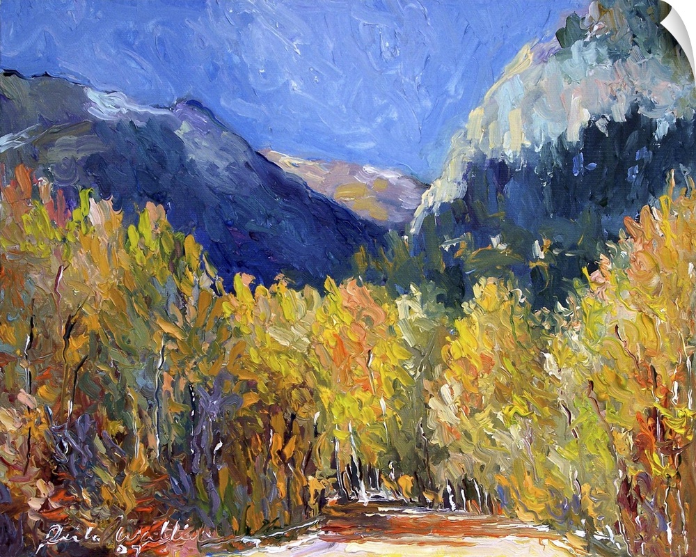 Painting of an idyllic wilderness scene in autumn foliage.