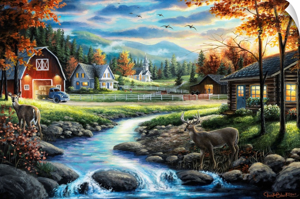 Contemporary painting of a countryside with two deer crossing a creek.