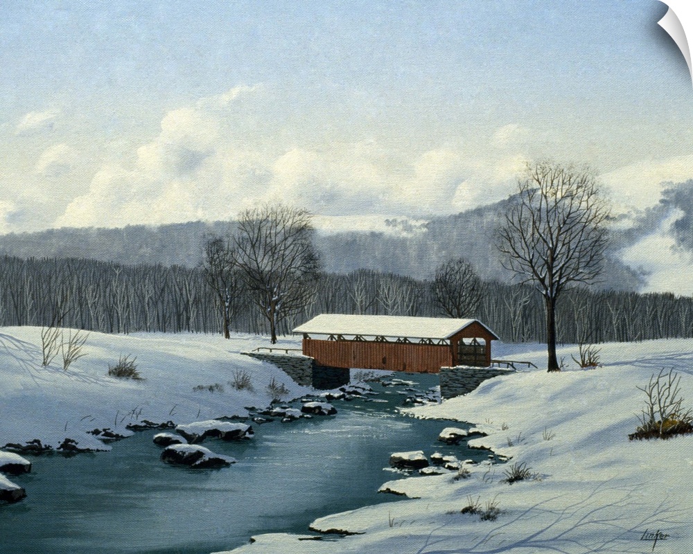 Contemporary painting of a covered bridge in a forest clearing after a heavy snowfall.