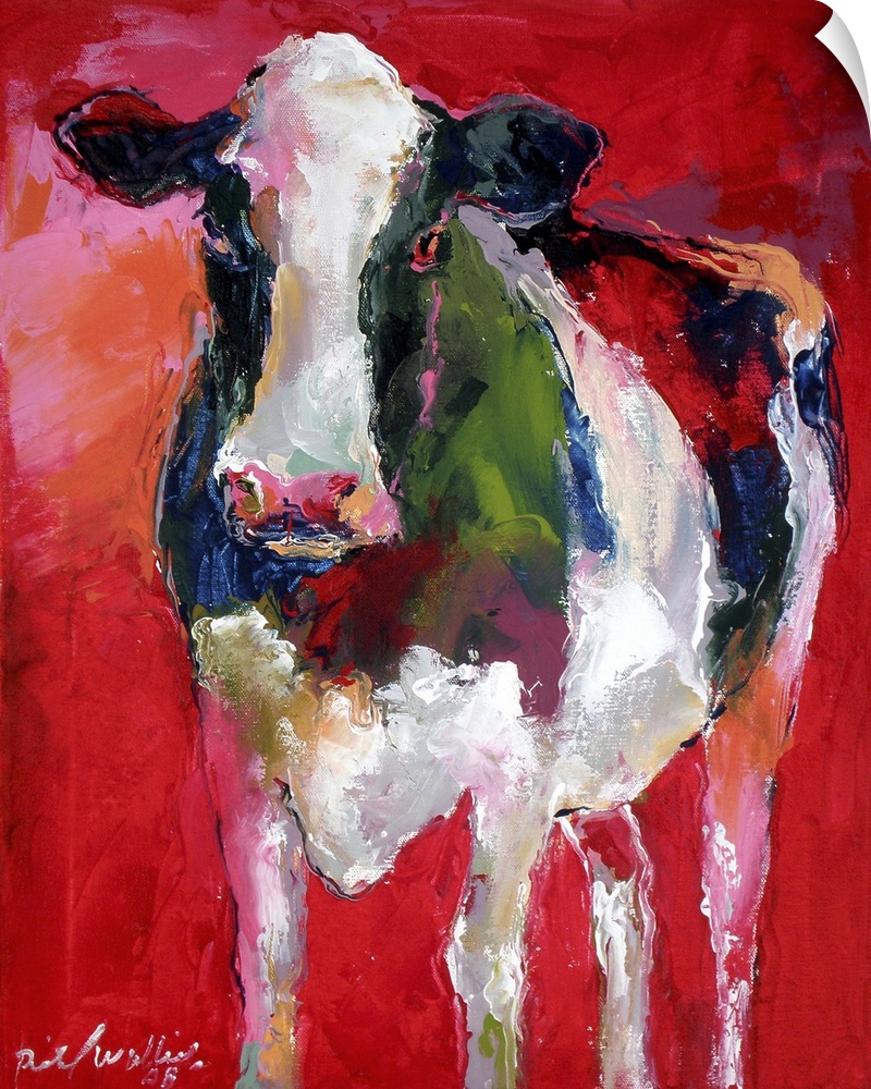 Contemporary vibrant colorful painting of a cow against a red background.