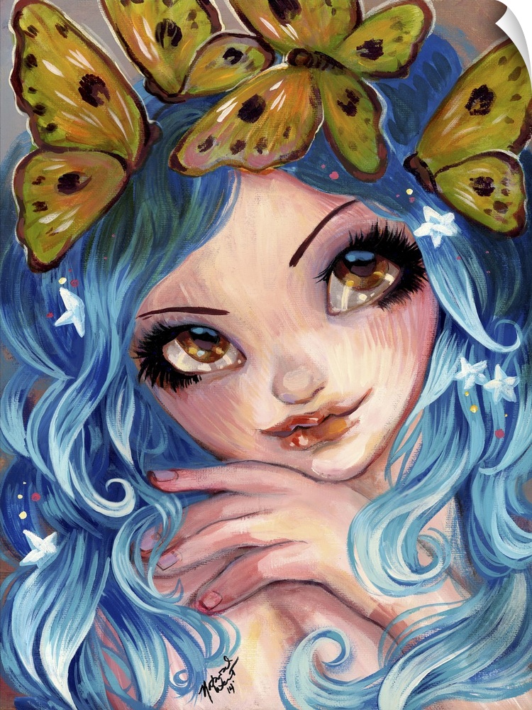 Fantasy painting of a woman with flowing blue hair and butterflies.