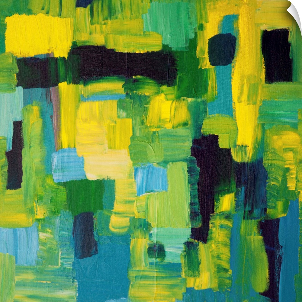 Contemporary abstract painting in yellow and blues.