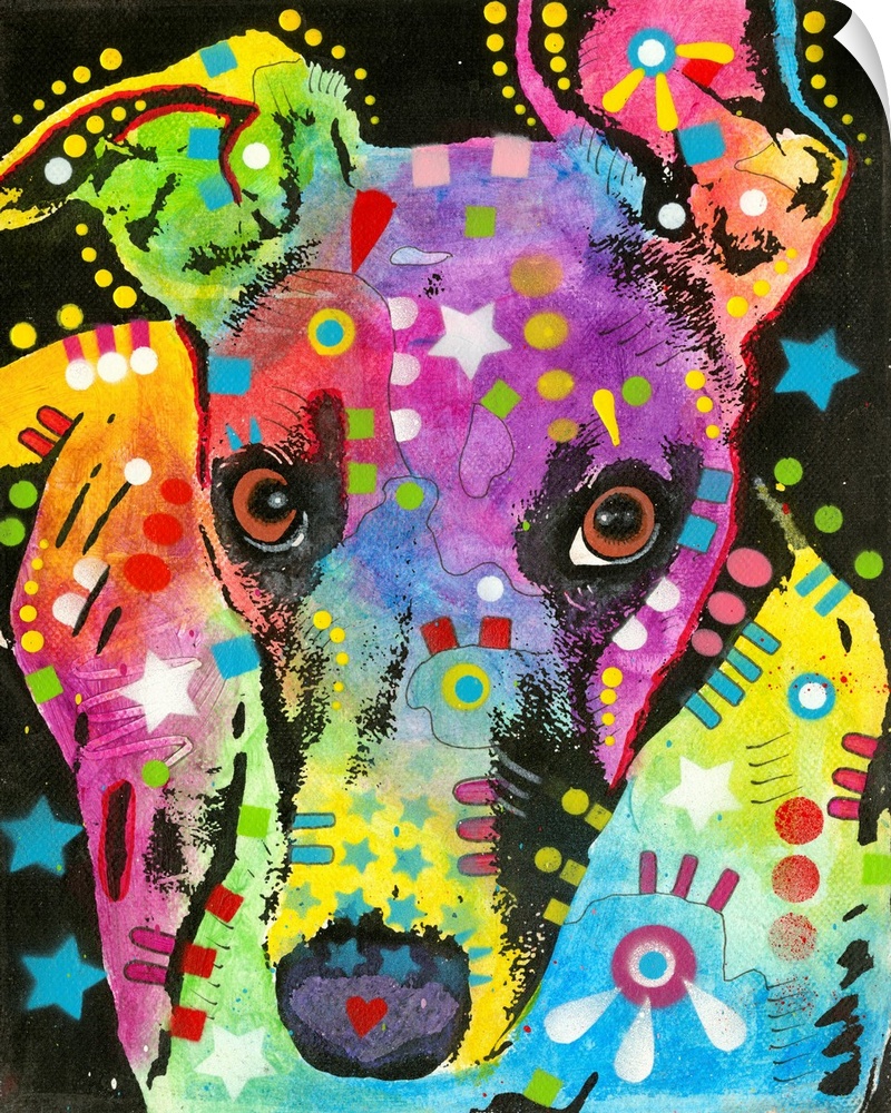 Colorful painting of a Greyhound with geometric abstract markings on a black background with stars and circles.
