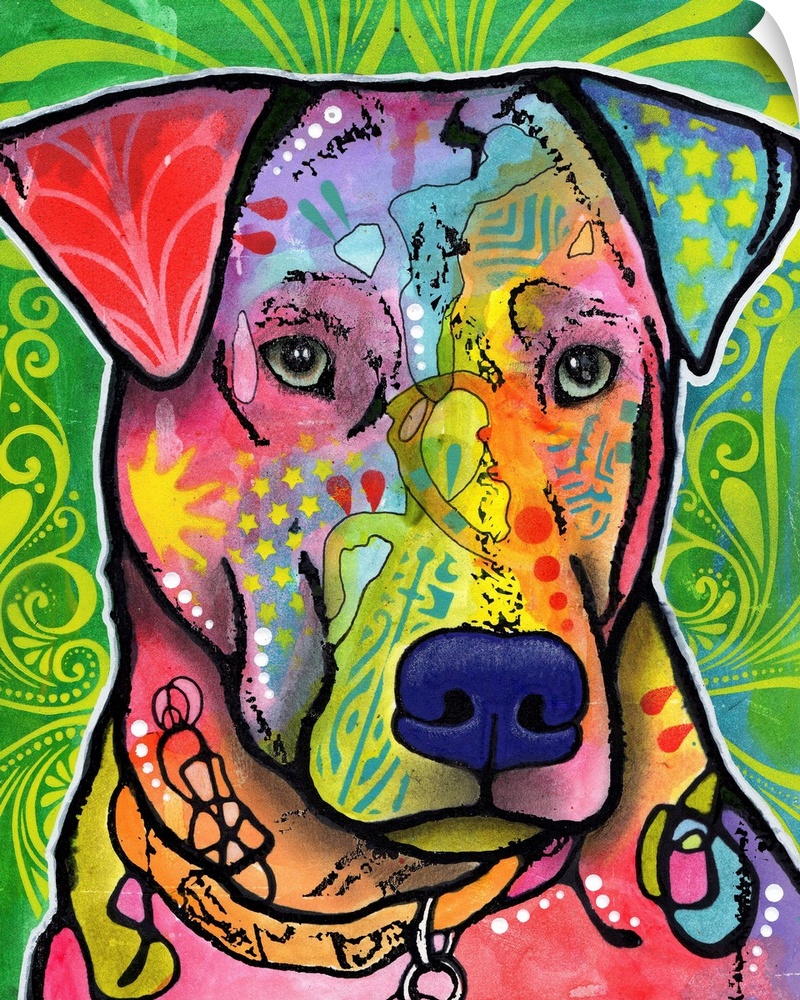 Painting of a colorful dog with abstract markings on a green, yellow, and blue designed background.