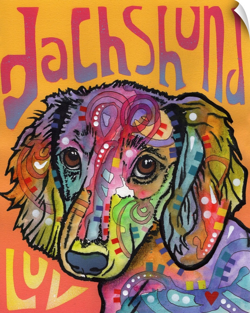 Colorful painting of a Dachshund with "Dachshund Luv" written on an orange and pink background.