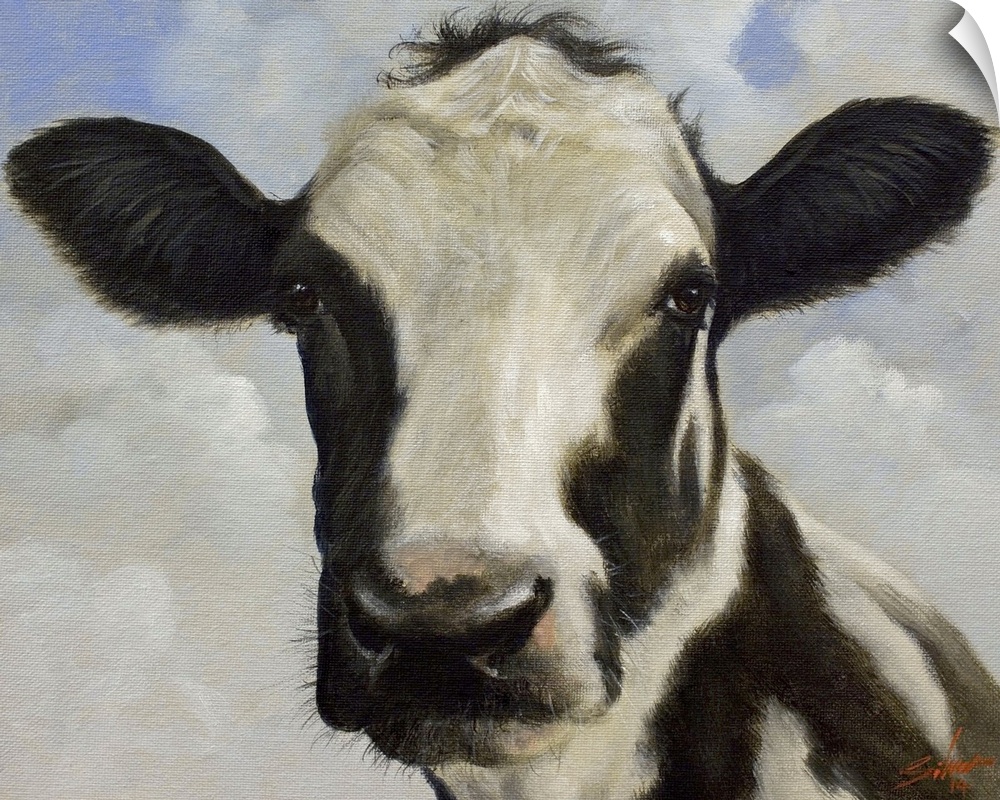 Contemporary painting of a black and white cow.