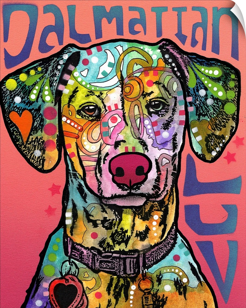 "Dalmatian Luv" written around a colorful painting of a Dalmatian with abstract markings.