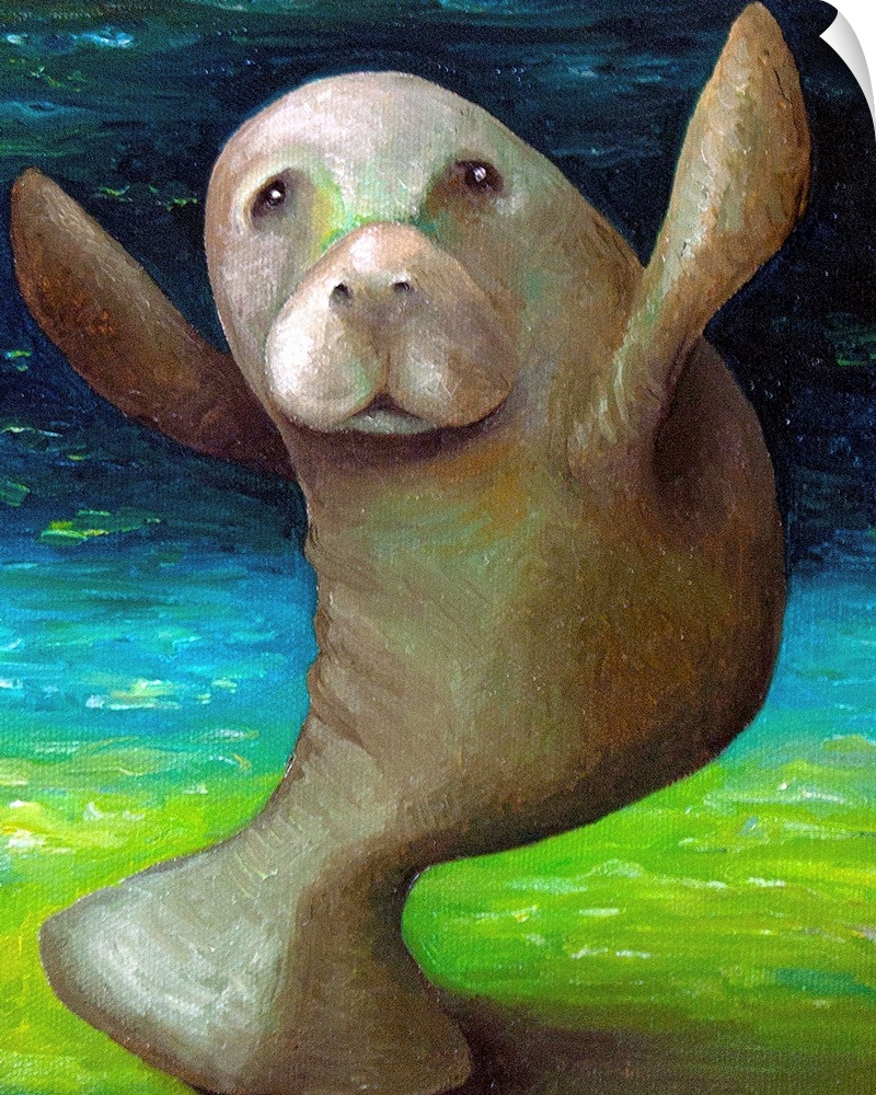 Surrealist painting of a manatee dancing.
