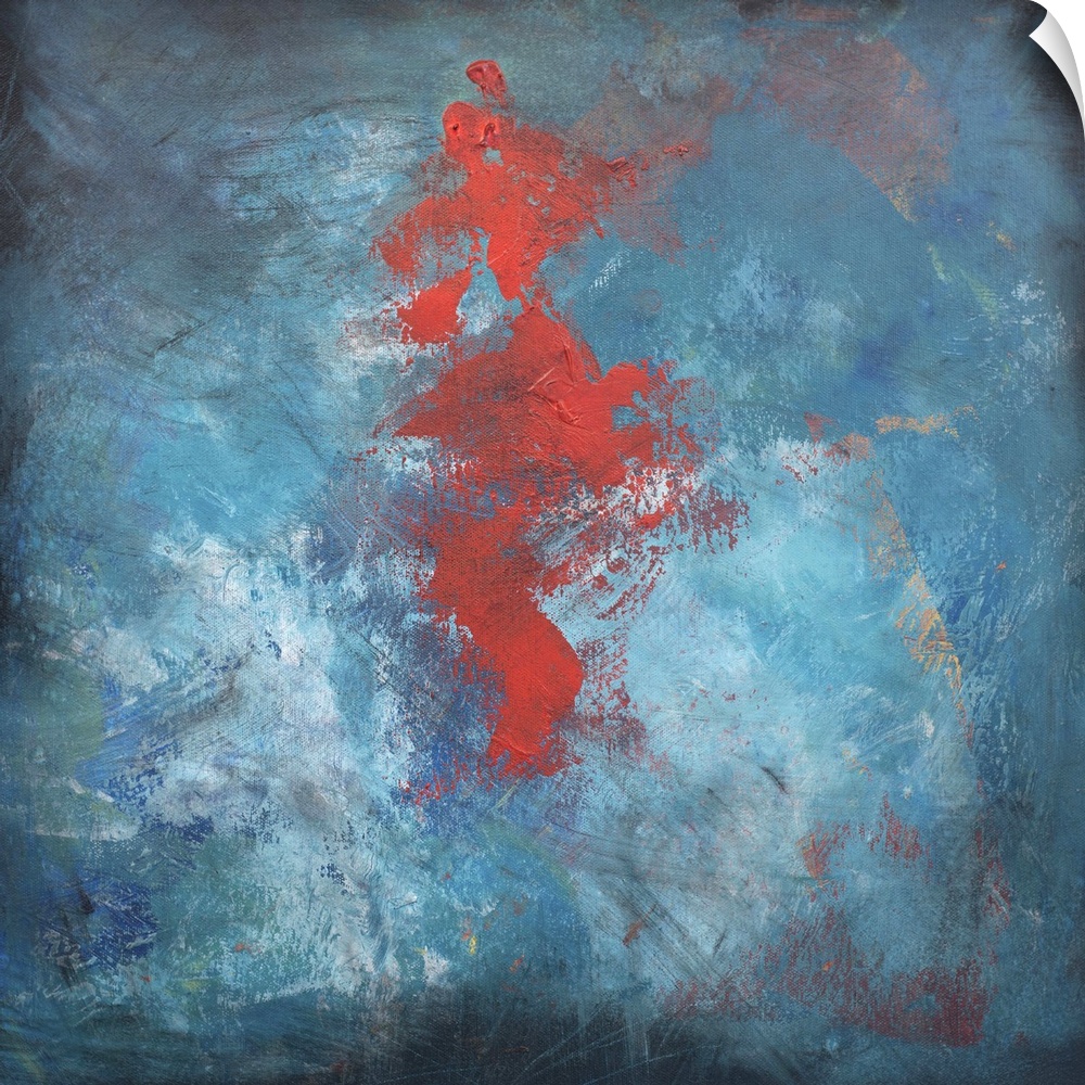 Abstract contemporary painting with a large red center on blue.