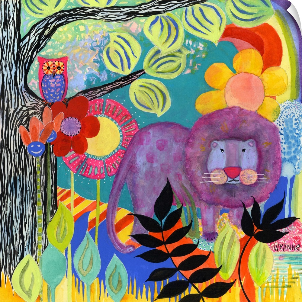 A purple lion in a forest next to a tree with an owl.