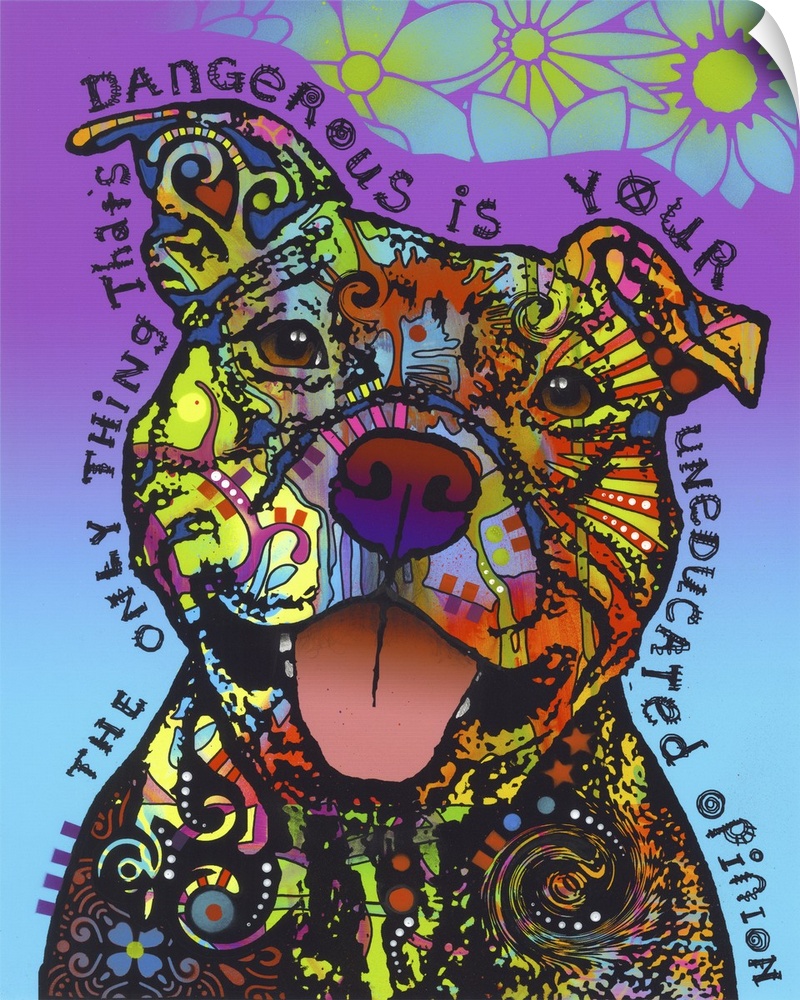Adorable illustration of a pit bull with intricate, colorful designs all over its fur on a blue and purple background with...