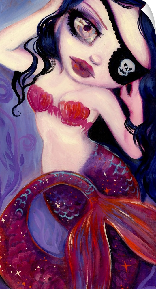 Fantasy painting of a mermaid with a red tail and an eyepatch.
